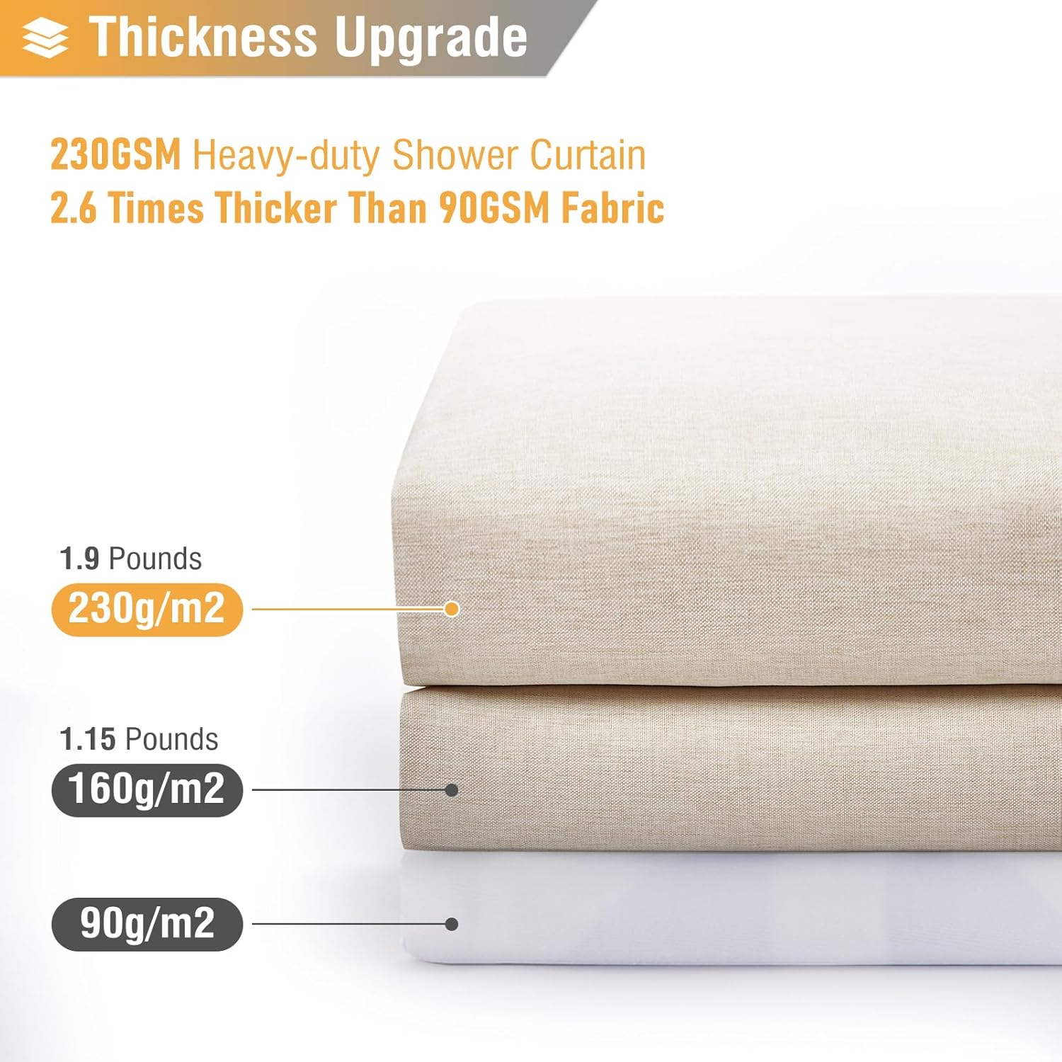 Fabric Shower Curtain, Linen Textured Heavy Duty Polyester Cloth Shower Curtain Set with 12 Plastic Hooks, Hotel Luxury Waterproof Decorative Shower Curtains for Bathroom - 72"x72" - Beige/Cream - Image 3