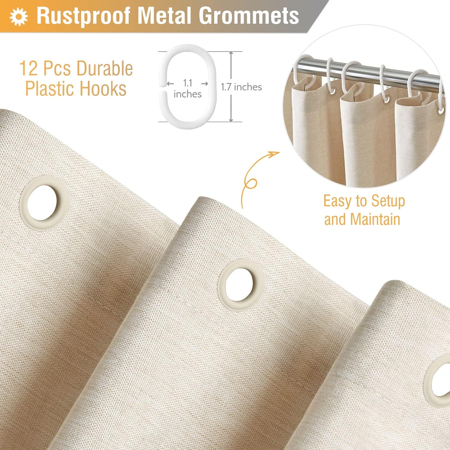 Fabric Shower Curtain, Linen Textured Heavy Duty Polyester Cloth Shower Curtain Set with 12 Plastic Hooks, Hotel Luxury Waterproof Decorative Shower Curtains for Bathroom - 72"x72" - Beige/Cream - Image 4