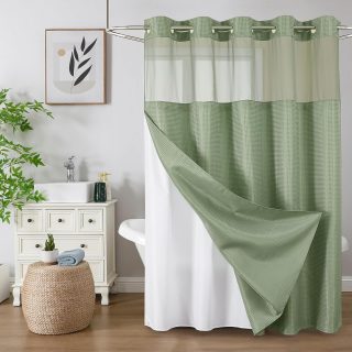 No Hook Shower Curtain with Snap in Fabric Liner, Waffle Weave Heavy Duty Thick Shower Curtains with Mesh Top Window, Hotel Style Waterproof Bathroom Curtain Set, 72'' x 75'', Sage Green