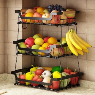 GILLAS 3 Tier Countertop Fruit Basket with 2 Banana Hangers for Kitchen, Detachable Metal Organizer for Bread Vegetable Fruits with Wooden Handle, Large Capacity Rectangular Storage Stand Bowls, Black