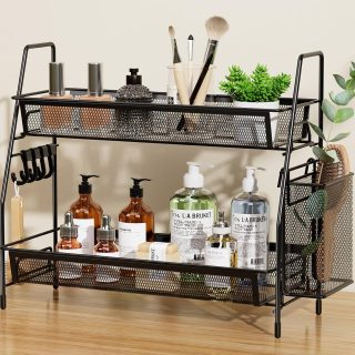 VITVITI 2-Tier Bathroom Organizer Countertop, Metal Wire Mesh Bathroom Counter Organizer Storage with Basket Hooks, Vanity Tray Shelf, Kitchen Spice Rack, Black